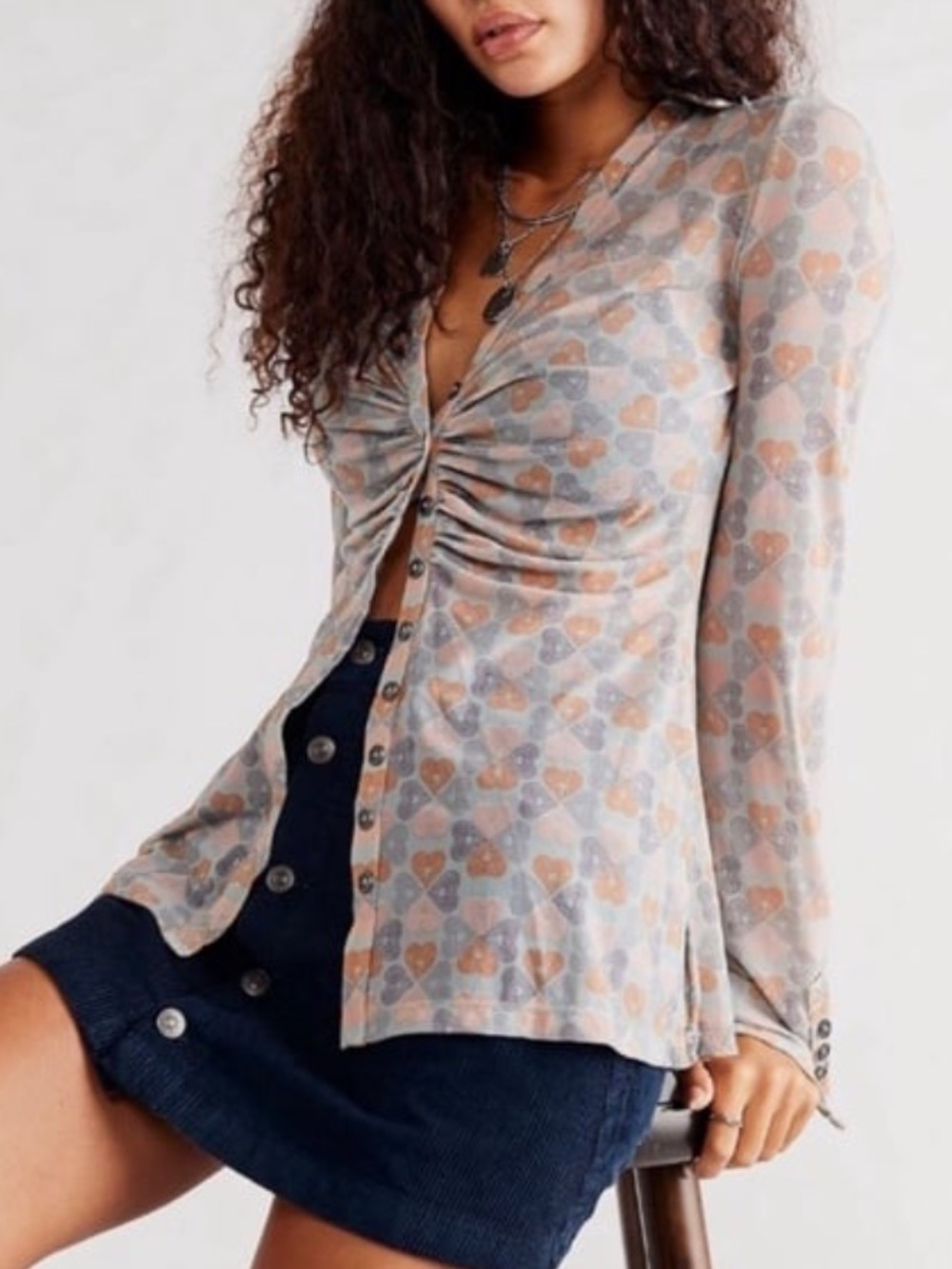 Free People Lucky Shirtee Long Sleeve Mesh Button Down Shirt